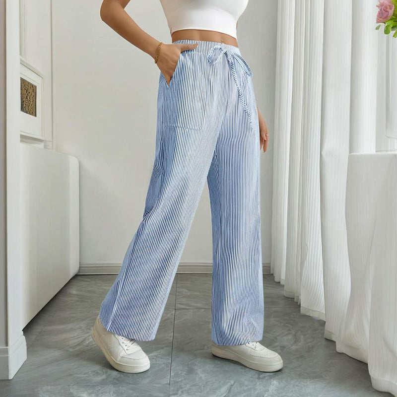 Women's striped print wide-leg casual pants with pockets, straight fit, made by FitiqueFit, perfect for relaxed, stylish everyday wear.