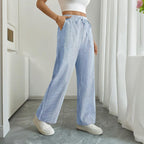 Women's striped print wide-leg casual pants with pockets, straight fit, made by FitiqueFit, perfect for relaxed, stylish everyday wear.