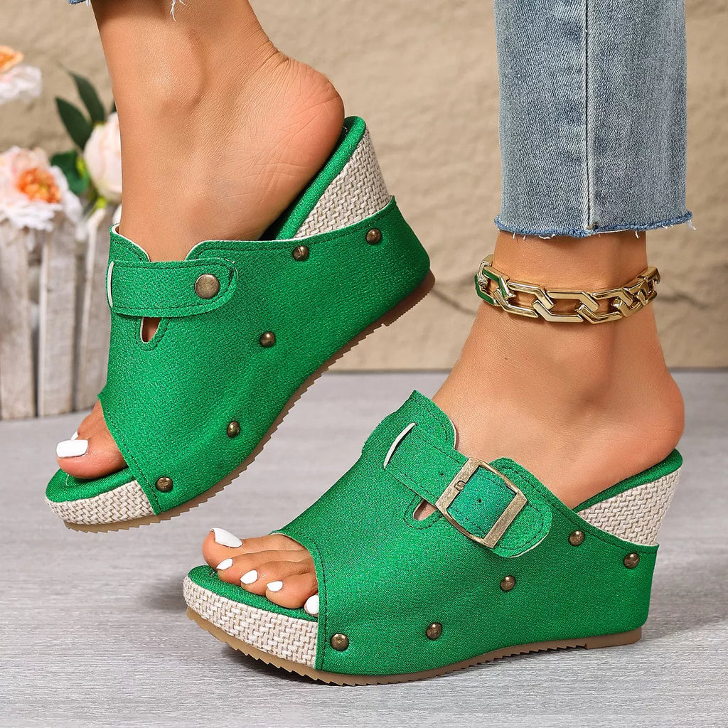 Open toe wedge sandals by Plush Fashion Hub featuring a stylish design and comfortable platform for casual summer wear.