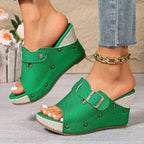 Open toe wedge sandals by Plush Fashion Hub featuring a stylish design and comfortable platform for casual summer wear.