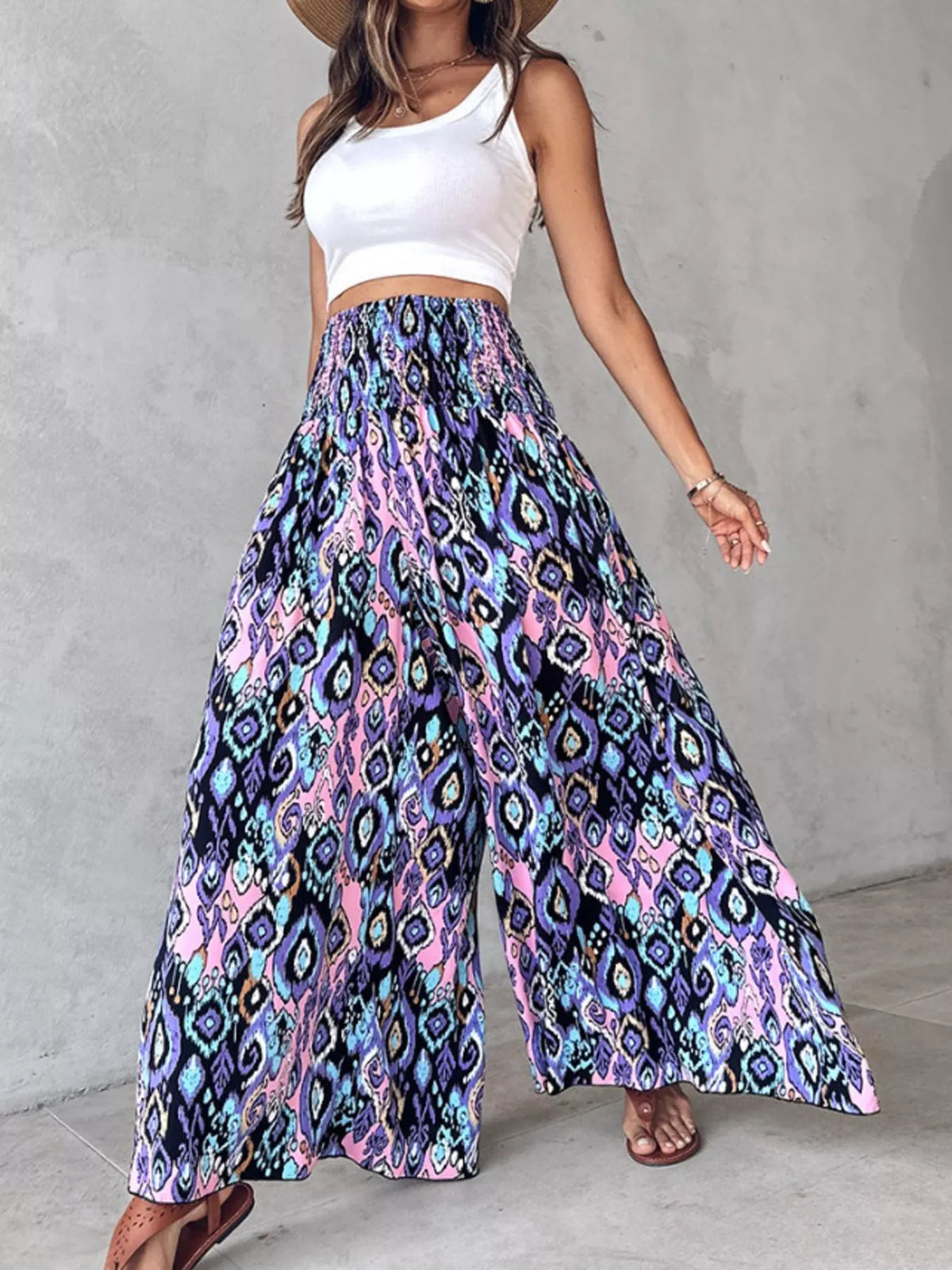 Printed wide-leg pants by Plush Fashion Hub, showcasing lightweight fabric, bold floral pattern, and relaxed fit.