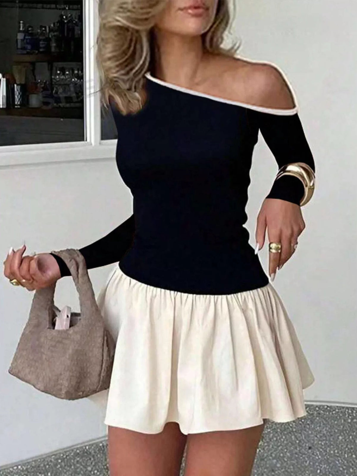 Contrast trim one-shoulder shirt dress by Trendsi, featuring a stylish asymmetric design and comfortable fit.
