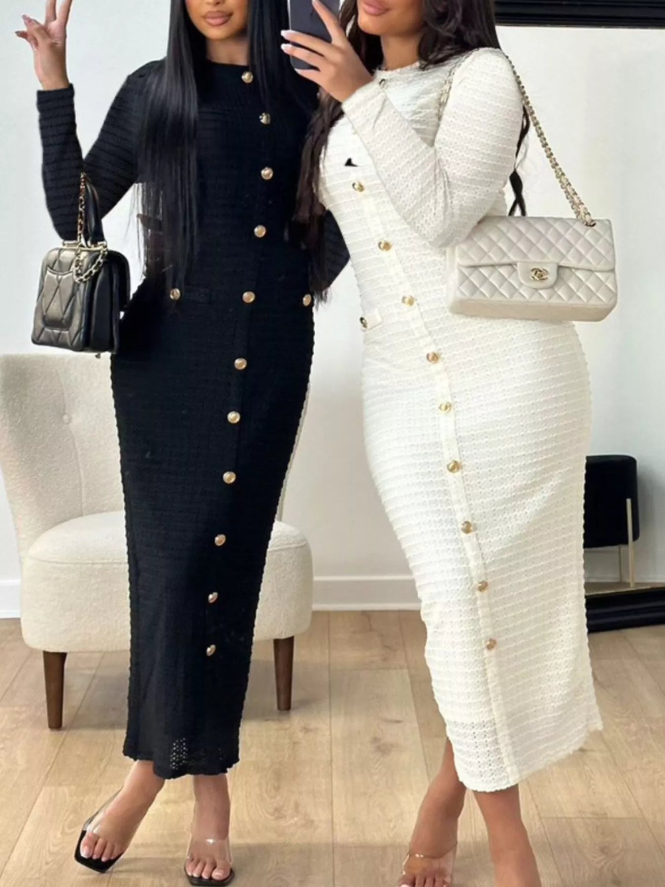 Plush Fashion Hub textured decor button midi dress with a stylish design, showcased on a model.