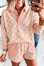 Polka dot drop shoulder polo loose pullover with patch pocket, paired with casual shorts, by Shopimist.