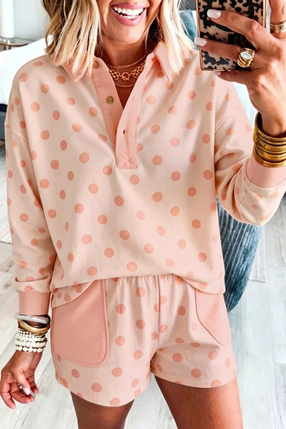 Polka dot drop shoulder polo loose pullover with patch pocket, paired with casual shorts, by Shopimist.