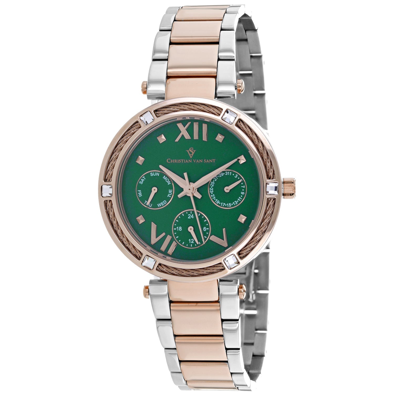 Christian Van Sant Women's Sienna watch with a sleek silver-tone strap and round dial, displayed on a white background.