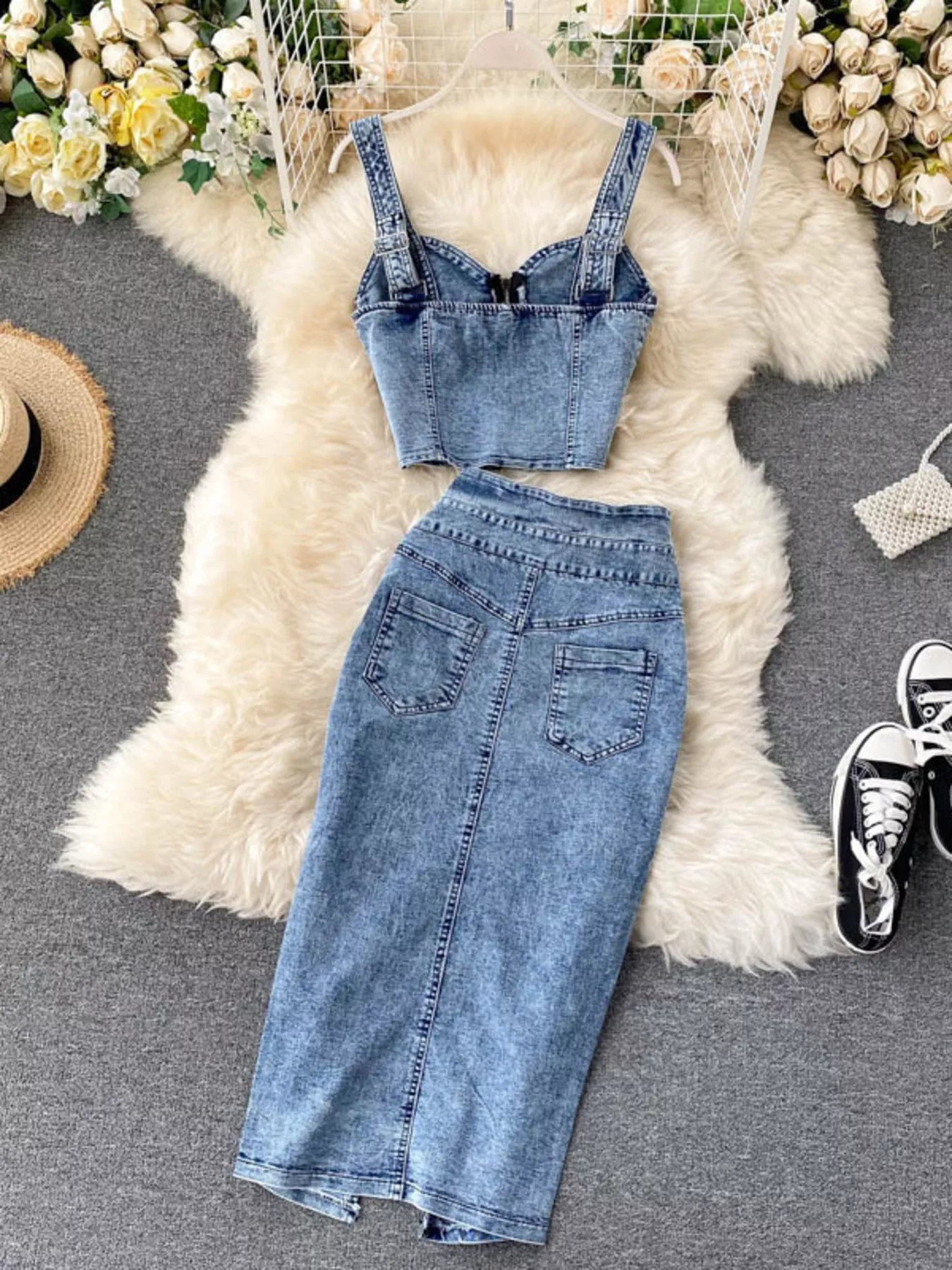 Plush Fashion Hub denim set featuring a zipper top and button slit skirt, casual stylish outfit for women.