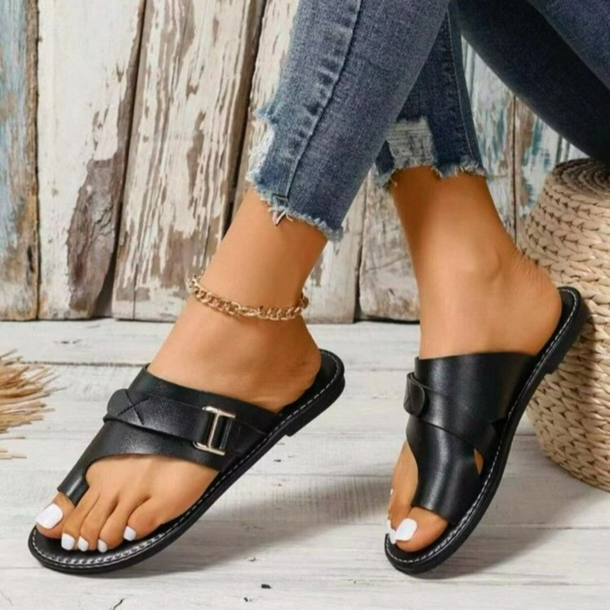 Plush Fashion Hub toe ring buckle sandals featuring strappy design and adjustable ankle strap, perfect for casual summer wear.