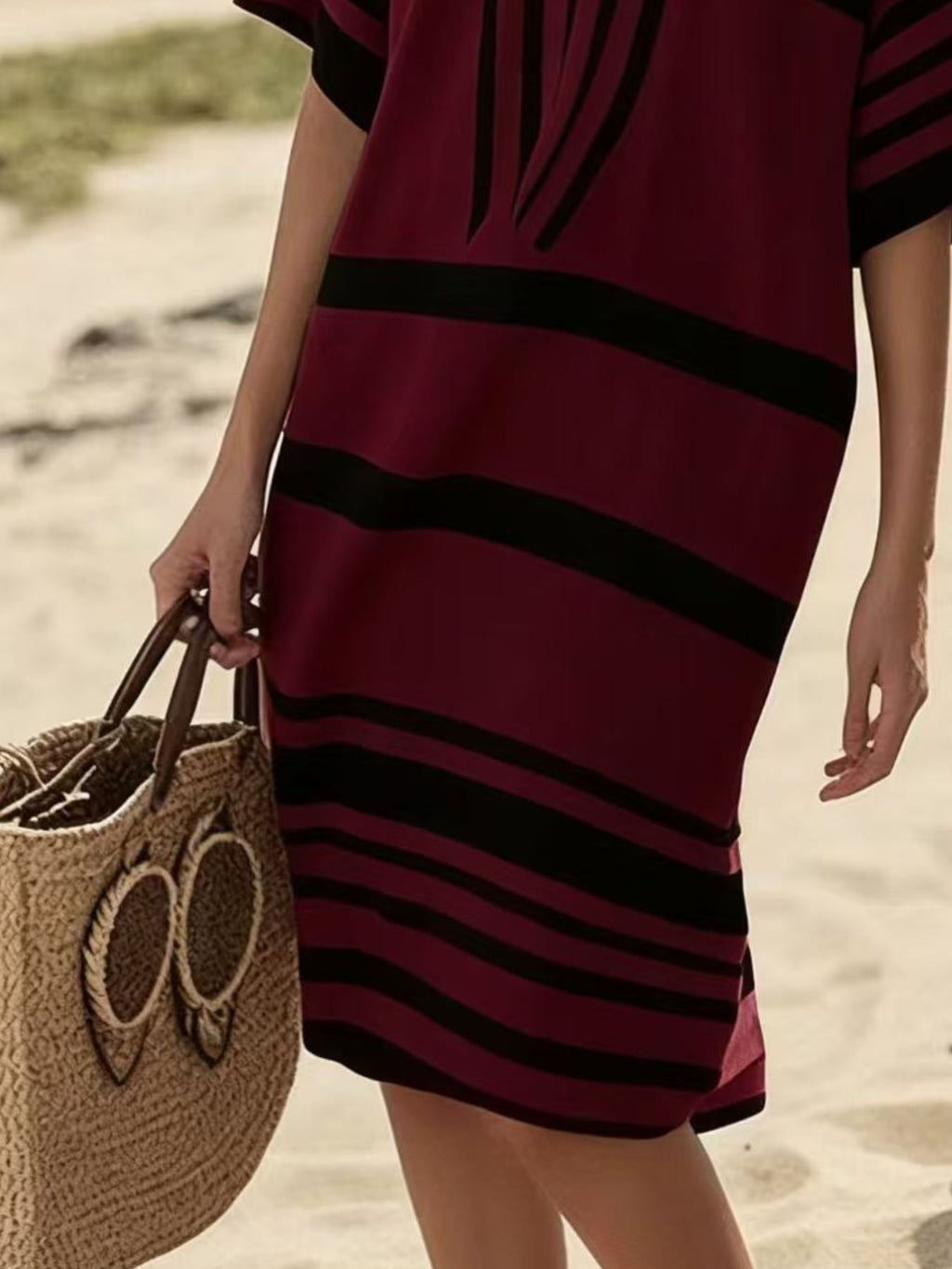 Plus size women's striped half-sleeve midi dress by Plush Fashion Hub, casual chic everyday wear with a relaxed fit and stylish design.