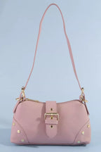 Fame Studded Saffiano Buckle Strap Shoulder Bag by Shopimist featuring studded details and a buckle strap design.