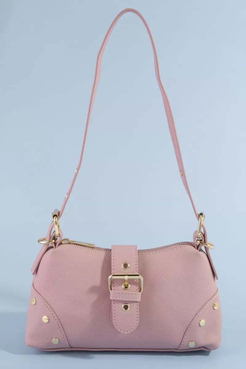 Fame Studded Saffiano Buckle Strap Shoulder Bag by Shopimist featuring studded details and a buckle strap design.