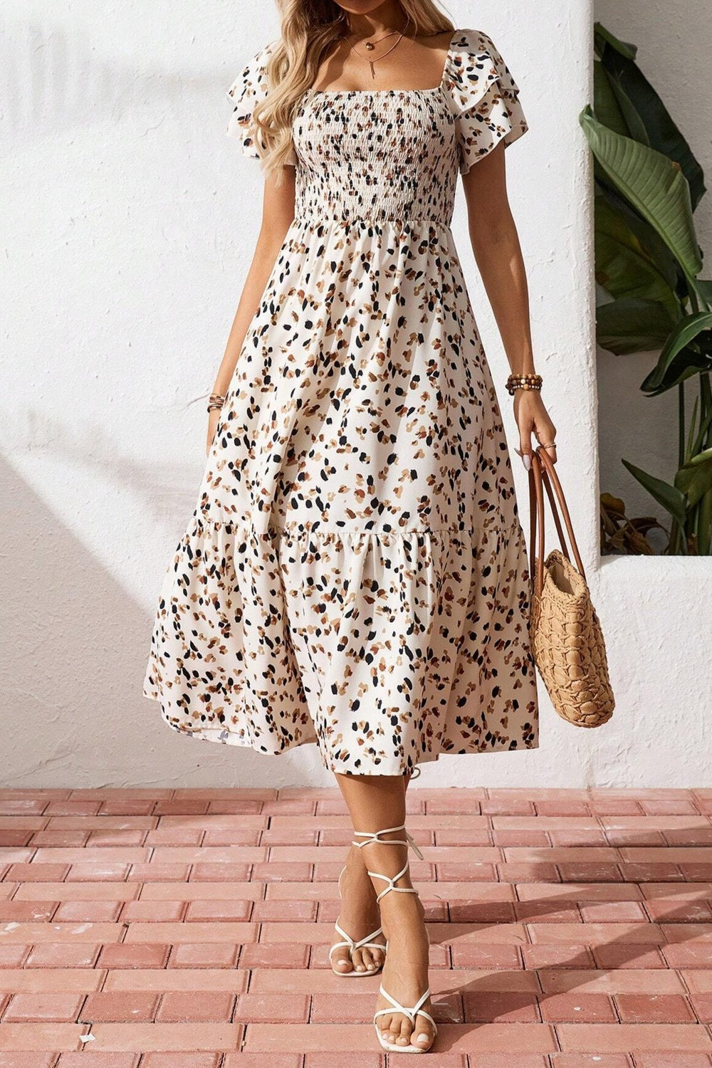 Women's square neck ruffle sleeve smocked midi dress in cotton blend by Plush Fashion Hub, shown with ruffled sleeves and smocked bodice.