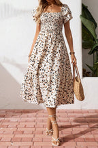Women's square neck ruffle sleeve smocked midi dress in cotton blend by Plush Fashion Hub, shown with ruffled sleeves and smocked bodice.