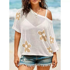 Women's hollow-out drop-shoulder loose knit top from Plush Fashion Hub, casualwear featuring a stylish open-shoulder design.