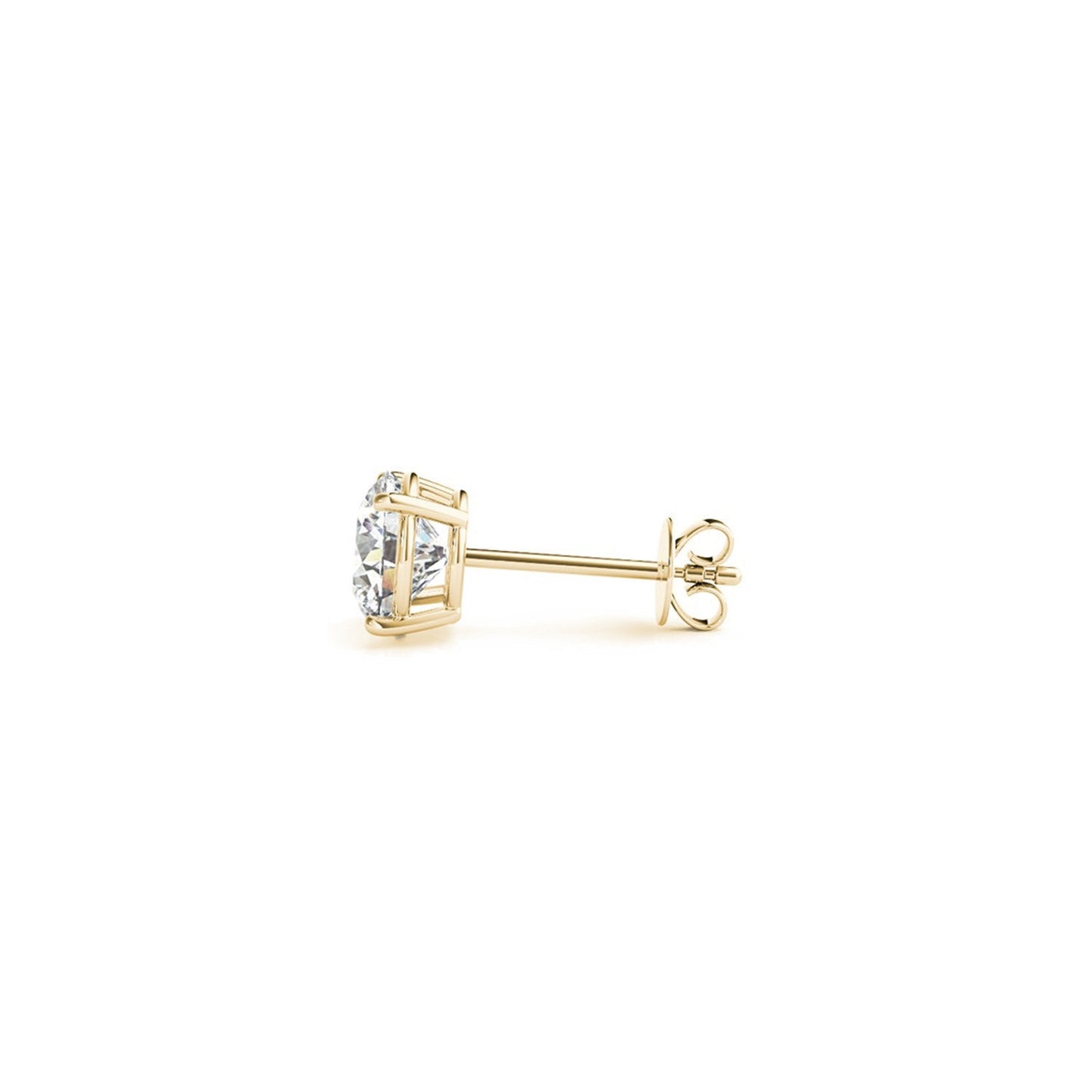 Certified IGI lab-grown round diamond stud earrings in 14k yellow gold with G/VS2 clarity, featuring 1.5 cttw diamonds.