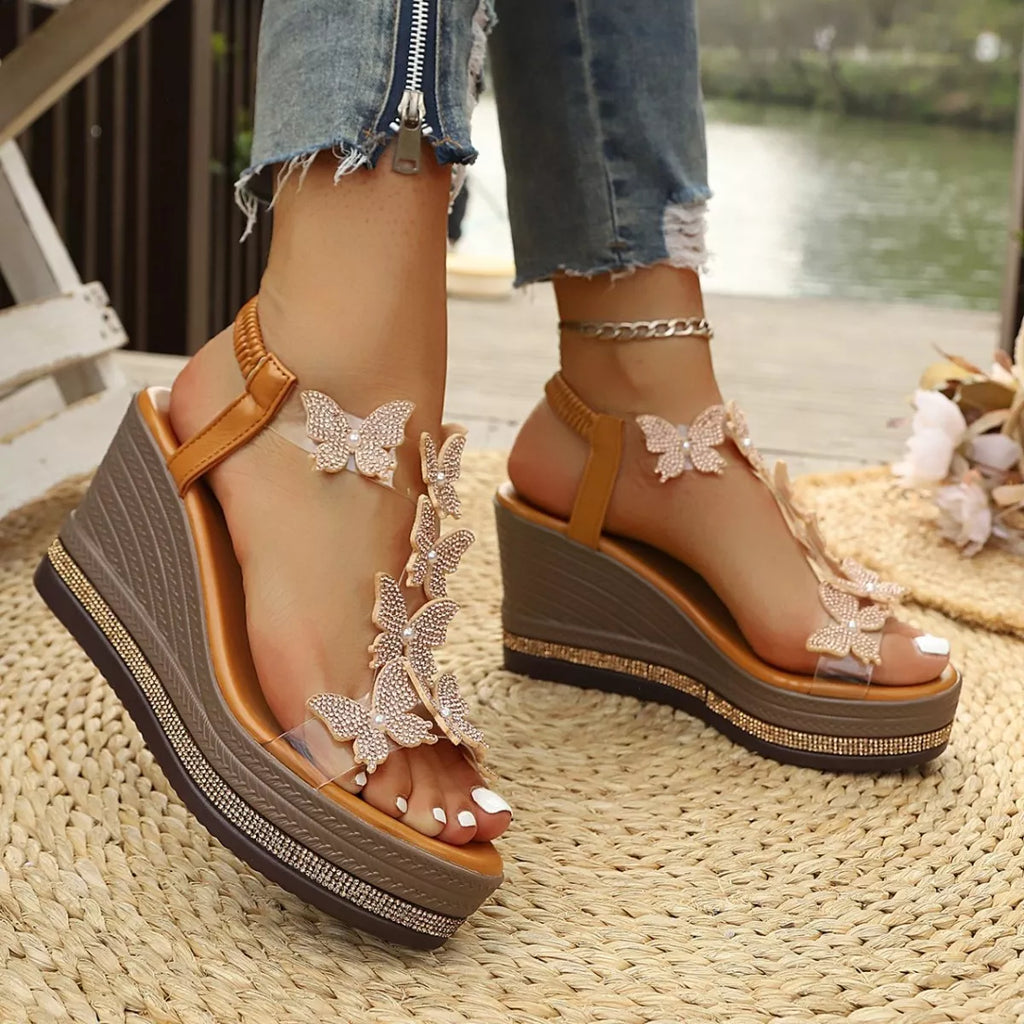 Butterfly embellished wedge sandals by Shopimist featuring open-toe design, ankle straps, and decorative butterfly accents.
