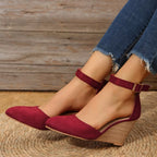 Shopimist point toe wedge sandals with open toes and ankle straps, featuring a stylish design and comfortable wedge heel.