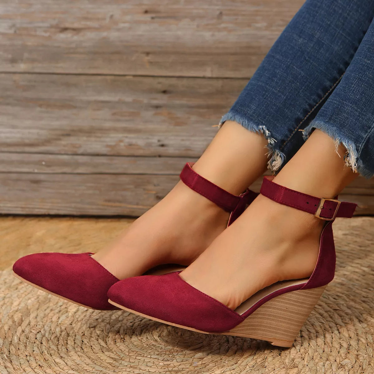 Plush Fashion Hub point toe wedge sandals with open toe design and ankle strap, made of tan leather for summer wear.