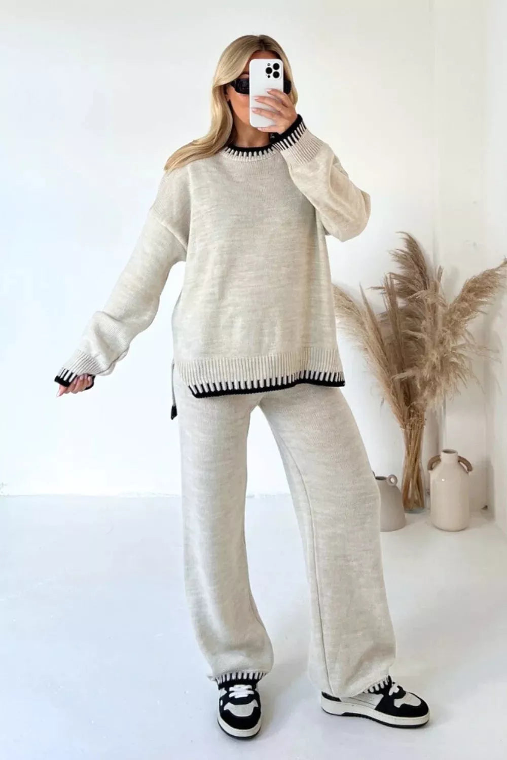 Simply Love contrast trim round neck sweater set with matching pants, featuring a cozy knit design and stylish detailing.
