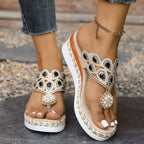Shopimist toe post wedge sandals with tan leather straps and cork wedge heel, perfect for summer casual wear.