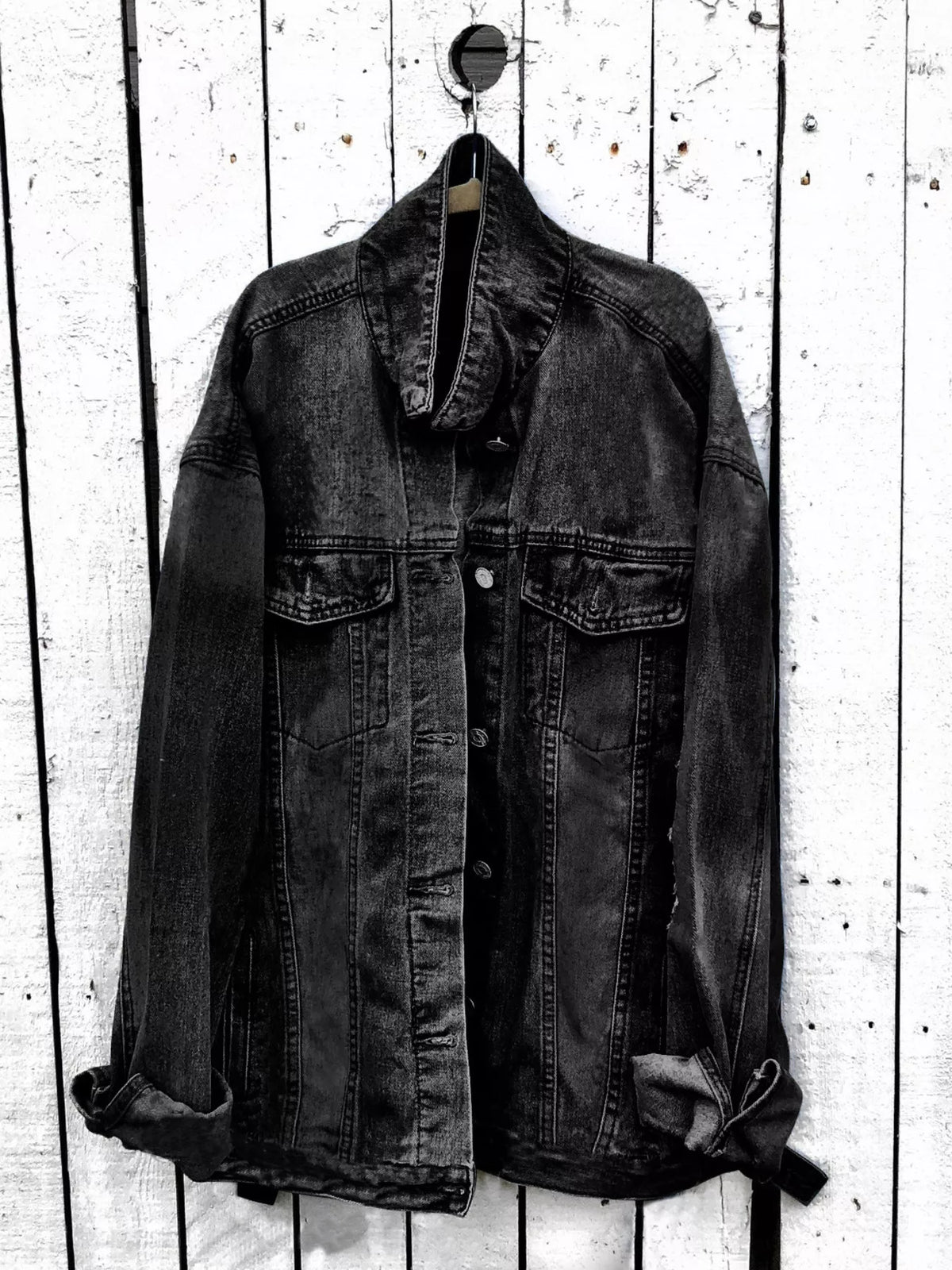 Plus size denim jacket with angel wings graphic back design, trendy and stylish Trendsi full size denim outerwear.