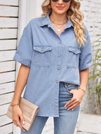 VYSN collared neck short sleeve denim jacket showcasing classic blue denim fabric and stylish collar detail.