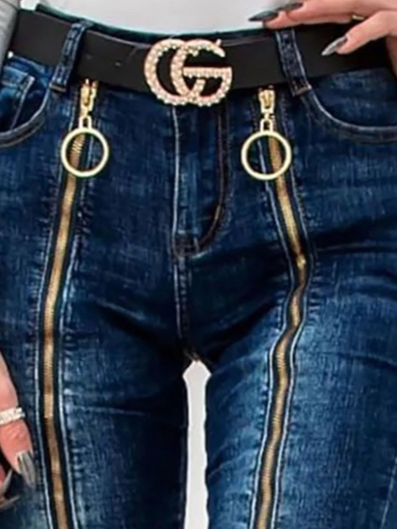 Black zipper front skinny jeans by Plush Fashion Hub, featuring a slim fit and classic denim design.