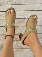 Shopimist buckle block heel sandals featuring tan leather straps and sturdy block heels, perfect for stylish summer outfits.