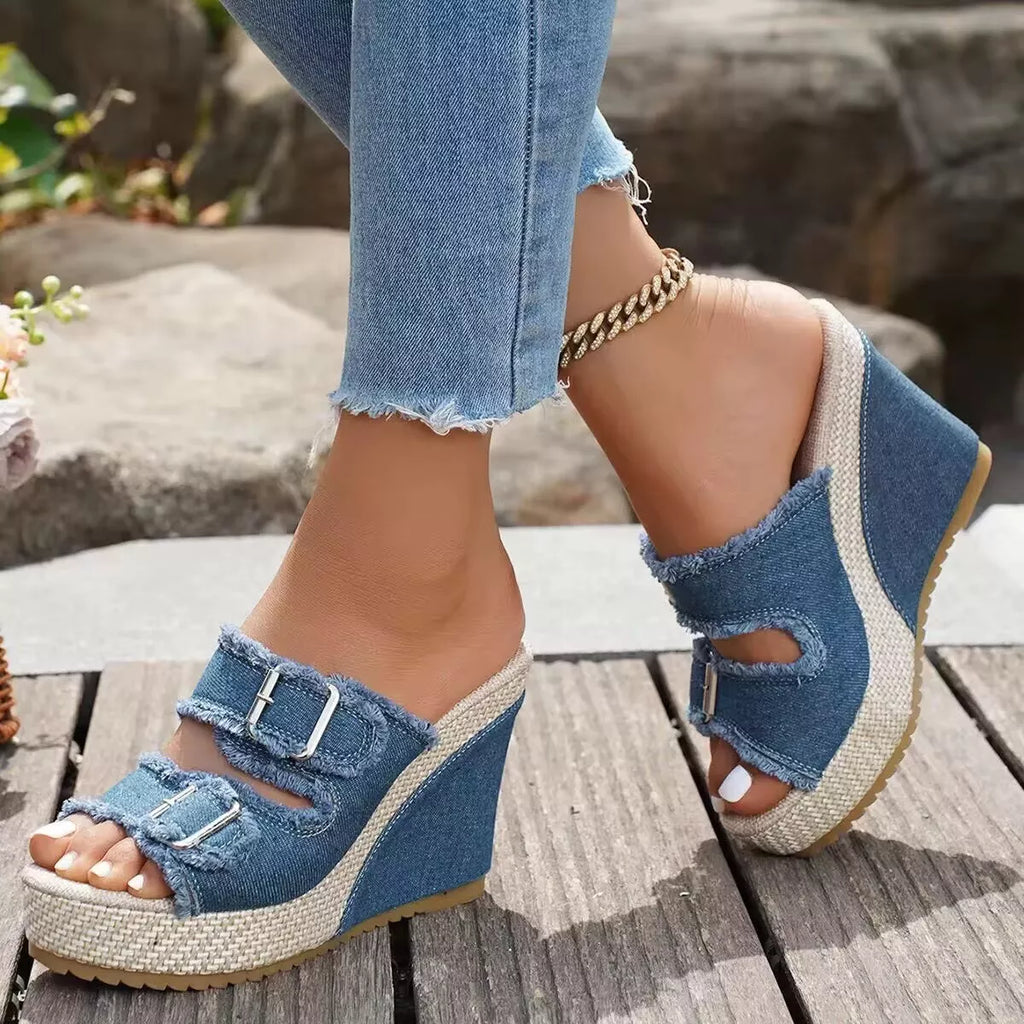 Shopimist buckle open toe wedge sandals with ankle straps and platform heel, stylish and comfortable for summer wear.