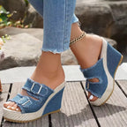 Shopimist buckle open toe wedge sandals with ankle straps and platform heel, stylish and comfortable for summer wear.