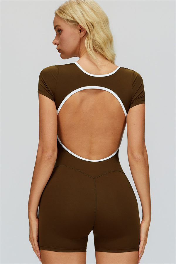 Fitglutes Activewear The Whisper Romper in black, close-up of the fitted sports romper with breathable fabric and sleek design.