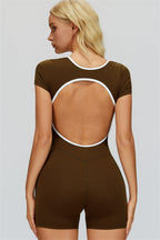 Fitglutes Activewear The Whisper Romper in black, close-up of the fitted sports romper with breathable fabric and sleek design.