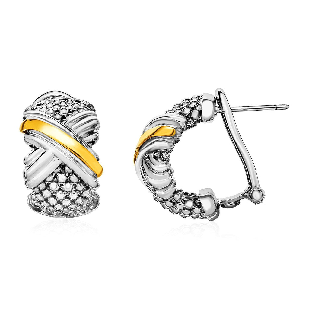 Sterling silver and 18k yellow gold popcorn texture earrings with X motif, stylish jewelry accessory.