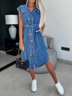 VYSN denim dress with collared neck, cap sleeves, and button front, casual stylish clothing for women.