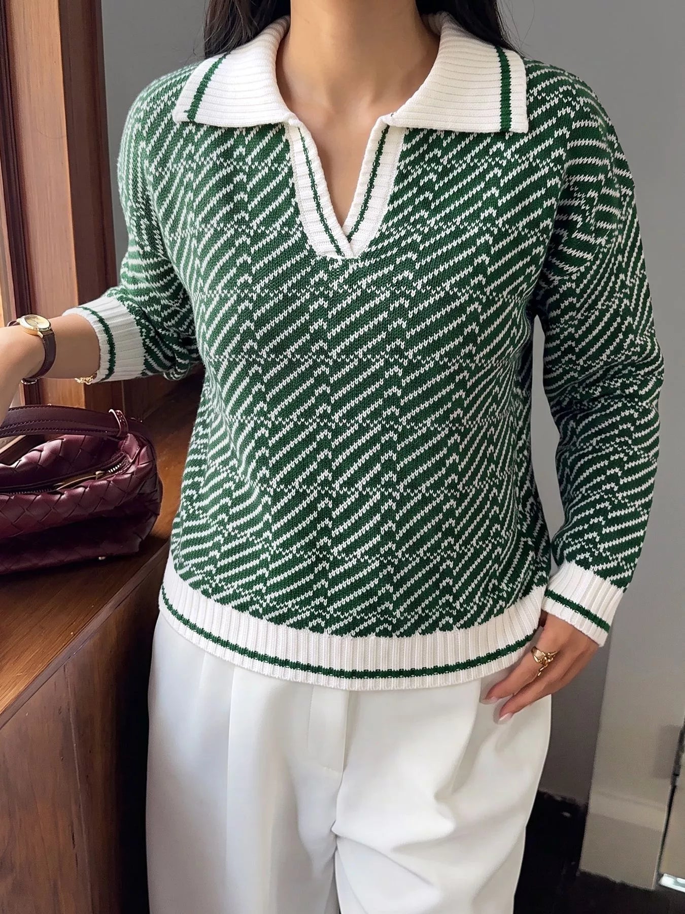 Geometric patterned collared sweater by Plush Fashion Hub featuring a stylish design and cozy fit.