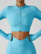 Seamless yoga set with jacket, sports bra, and leggings from Plush Fashion Hub, designed for activewear and workout comfort.