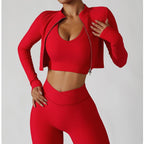Seamless yoga set by Plush Fashion Hub featuring a jacket, sports bra, and leggings in a coordinated activewear ensemble.