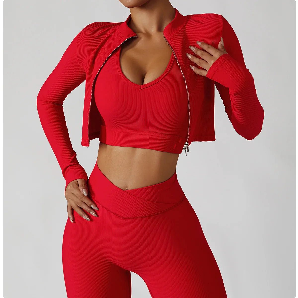 Seamless yoga set by Plush Fashion Hub featuring a jacket, sports bra, and leggings in a coordinated activewear ensemble.