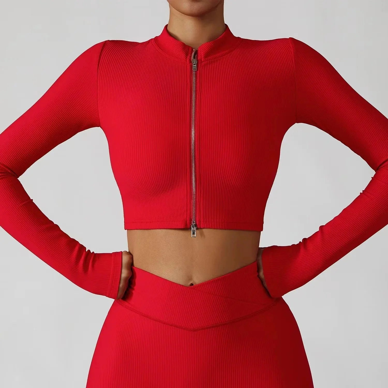 Seamless yoga set with jacket, sports bra, and leggings in soft stretch fabric, designed for activewear by Plush Fashion Hub.
