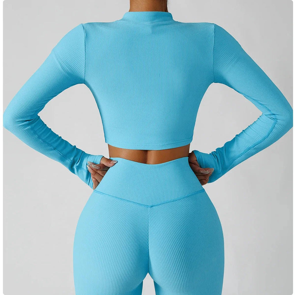 Seamless yoga activewear set with jacket, sports bra, and leggings in black from Plush Fashion Hub, designed for comfortable movement.