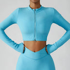 Three-piece seamless yoga set including a jacket, sports bra, and leggings from Plush Fashion Hub, designed for activewear and comfort.