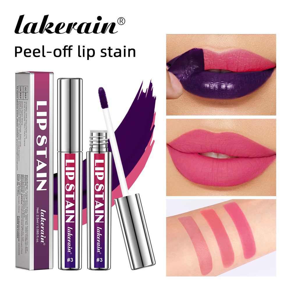 Purple peel-off lip stain with silver packaging, applicator wand, and pink and purple swatches on lips and skin.