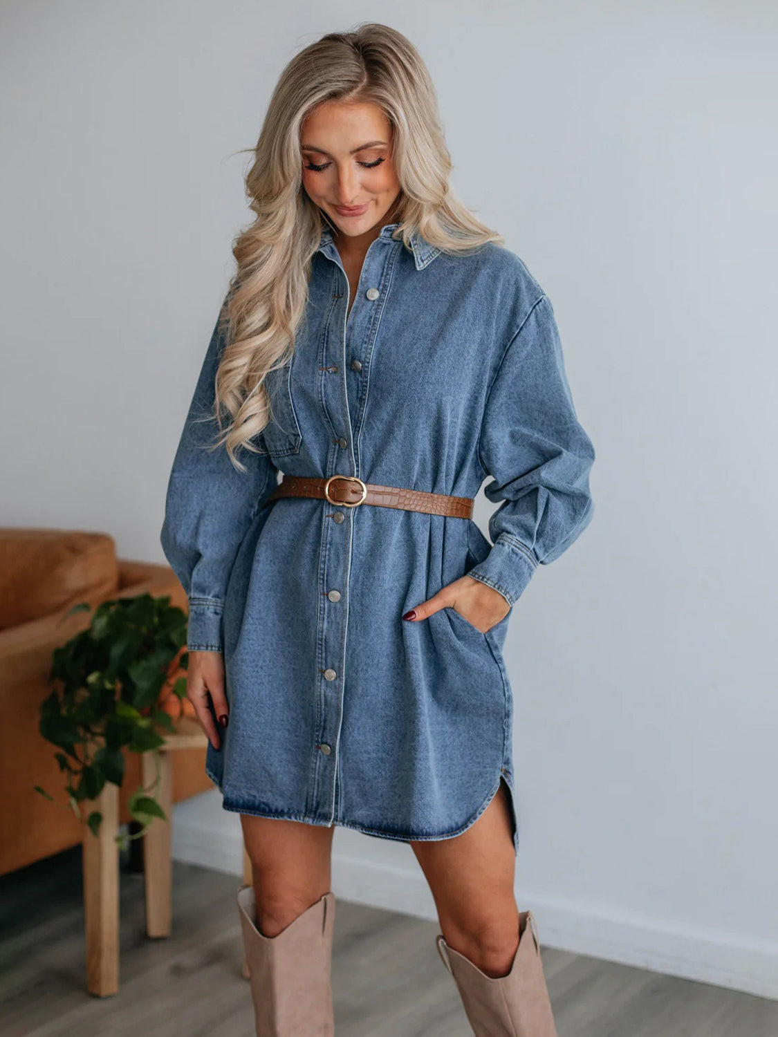 Plush Fashion Hub denim long sleeve collared button-up dress displayed on a hanger, featuring a classic collar and front buttons.