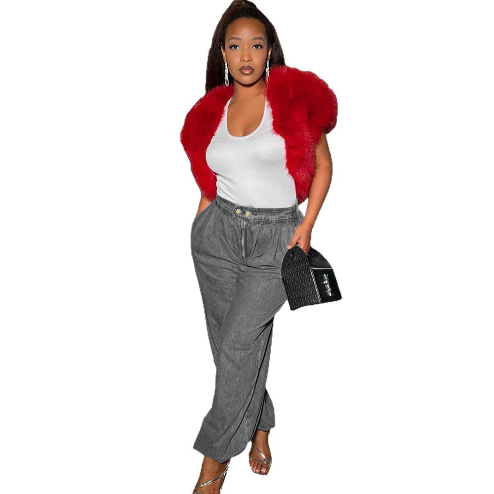 Casual women's denim jeans by Plush Fashion Hub featuring a loose fit, zipper cuff, and elastic waistband.