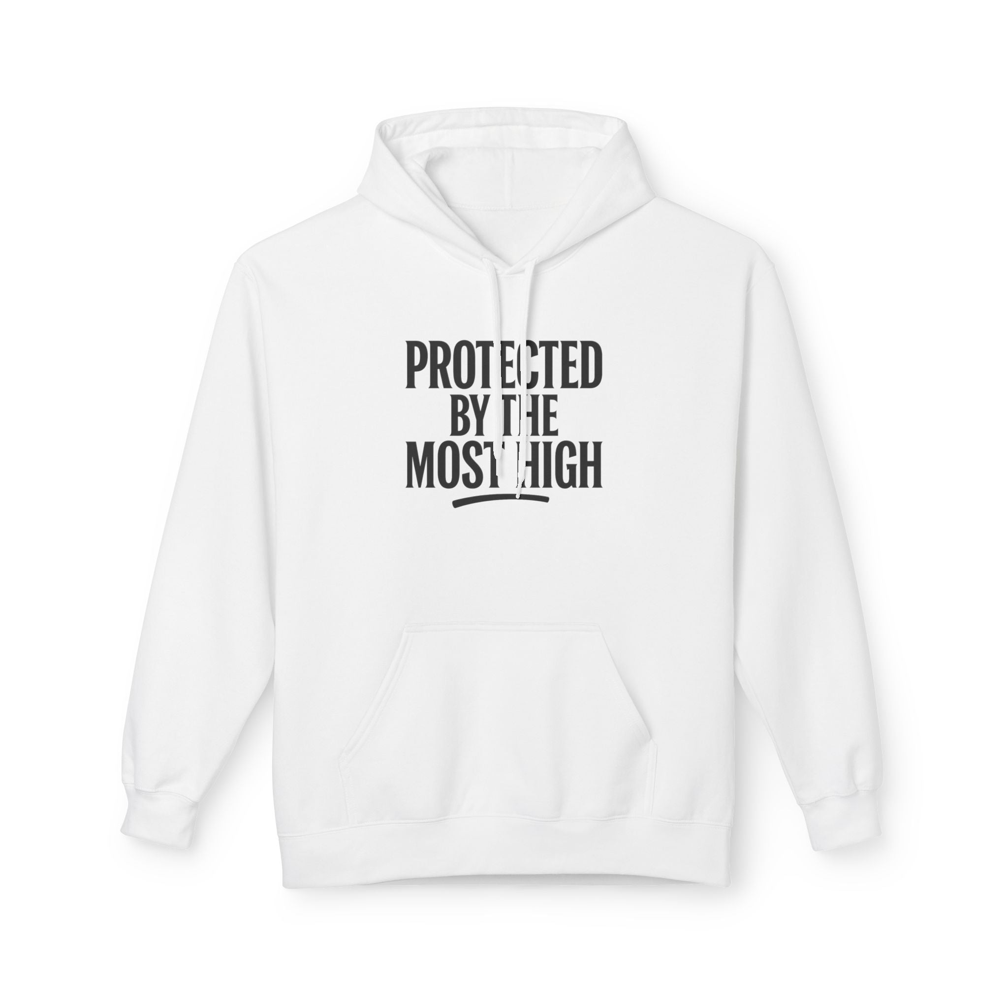 Black "Protected By The Most High" hoodie by Wear Your Worship, Psalm 91 inspirational pullover, front view, casual apparel.