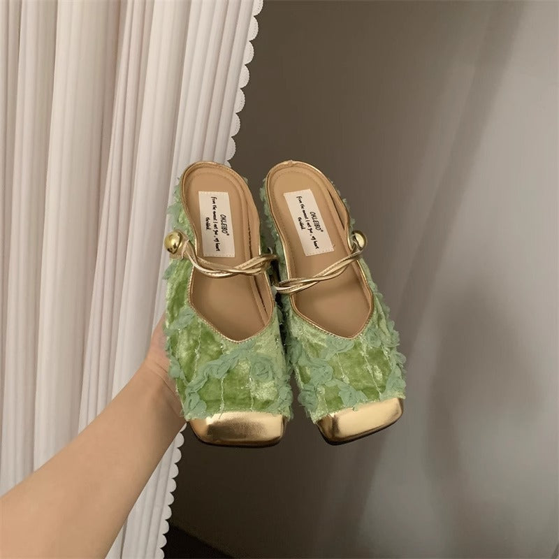 Embroidered retro chic Baotou mules sandals by Plush Fashion Hub with intricate embroidery and pointed toe design.