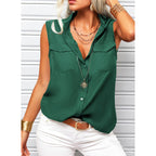 Women's sleeveless top with lapel collar, loose fit, and pockets in solid color, from Plush Fashion Hub.