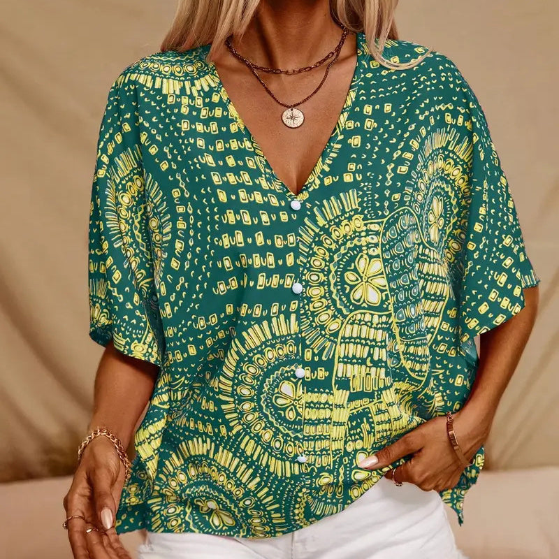 Mandala print V-neck blouse from Plush Fashion Hub, casual vacation top with colorful patterns and relaxed fit.