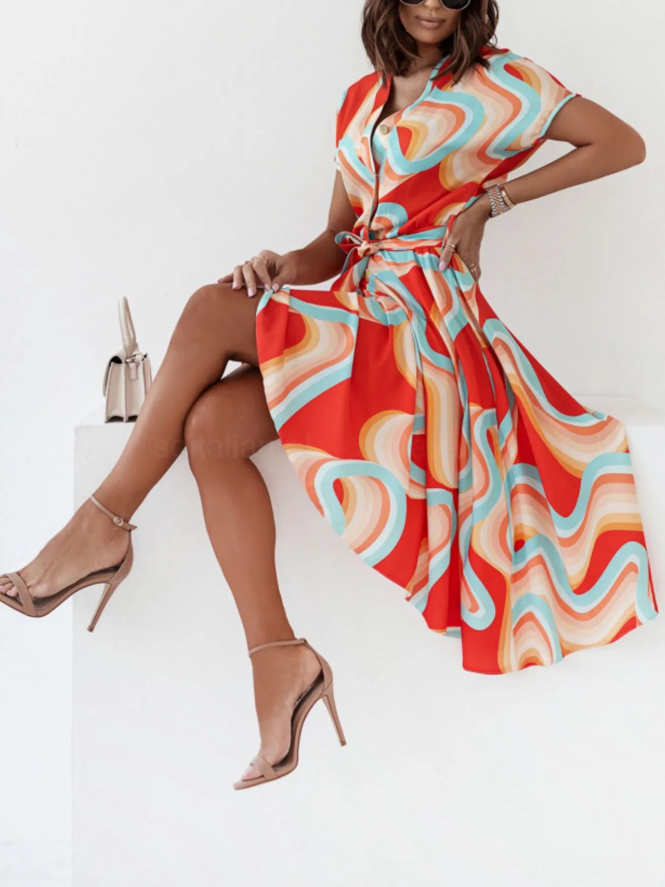 Printed button front midi dress with belt from Shopimist, featuring a floral pattern and a waist tie for a stylish look.