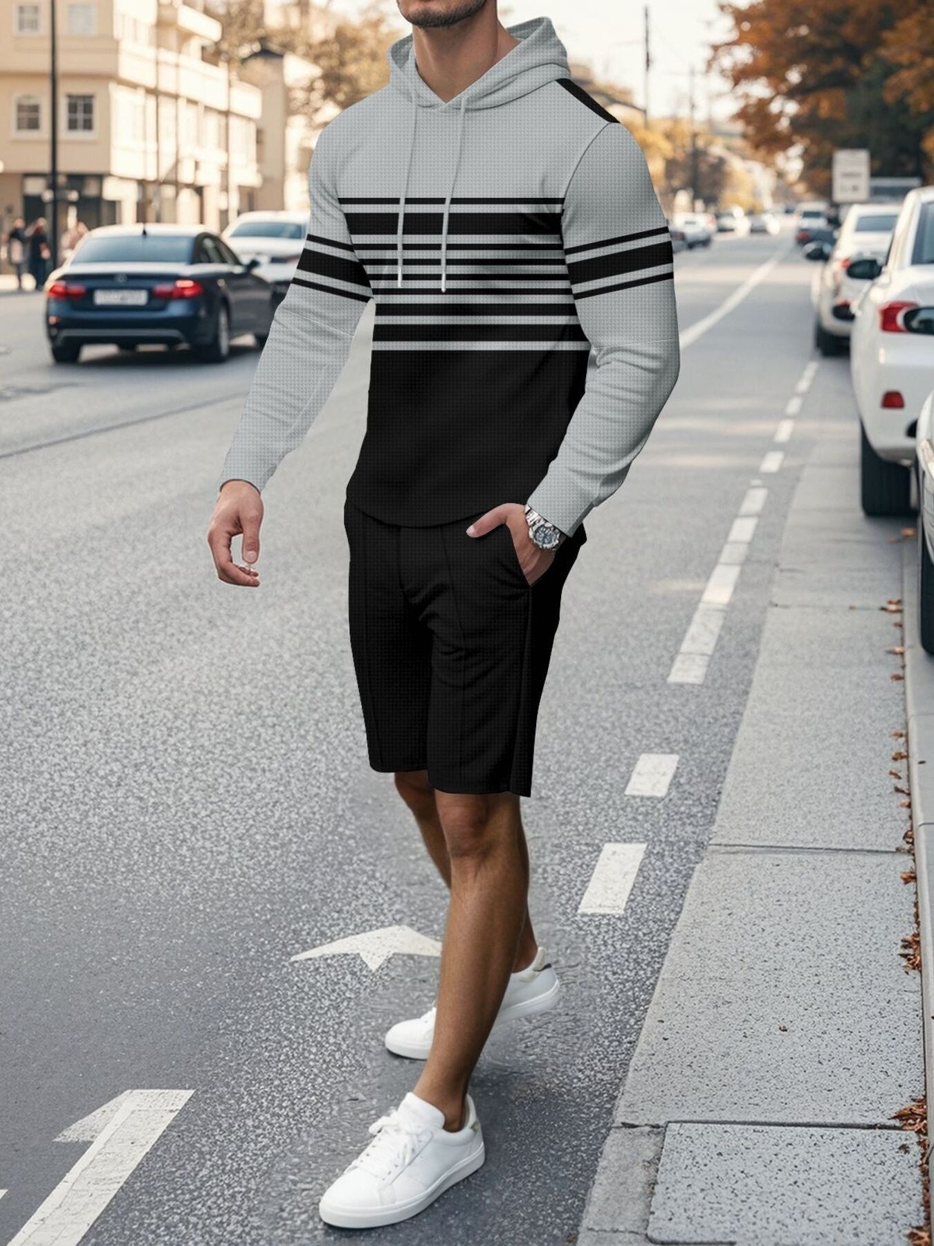 Men's casual striped hoodie and shorts set by Trendsi, plus size, featuring comfortable fabric and relaxed fit for everyday wear.